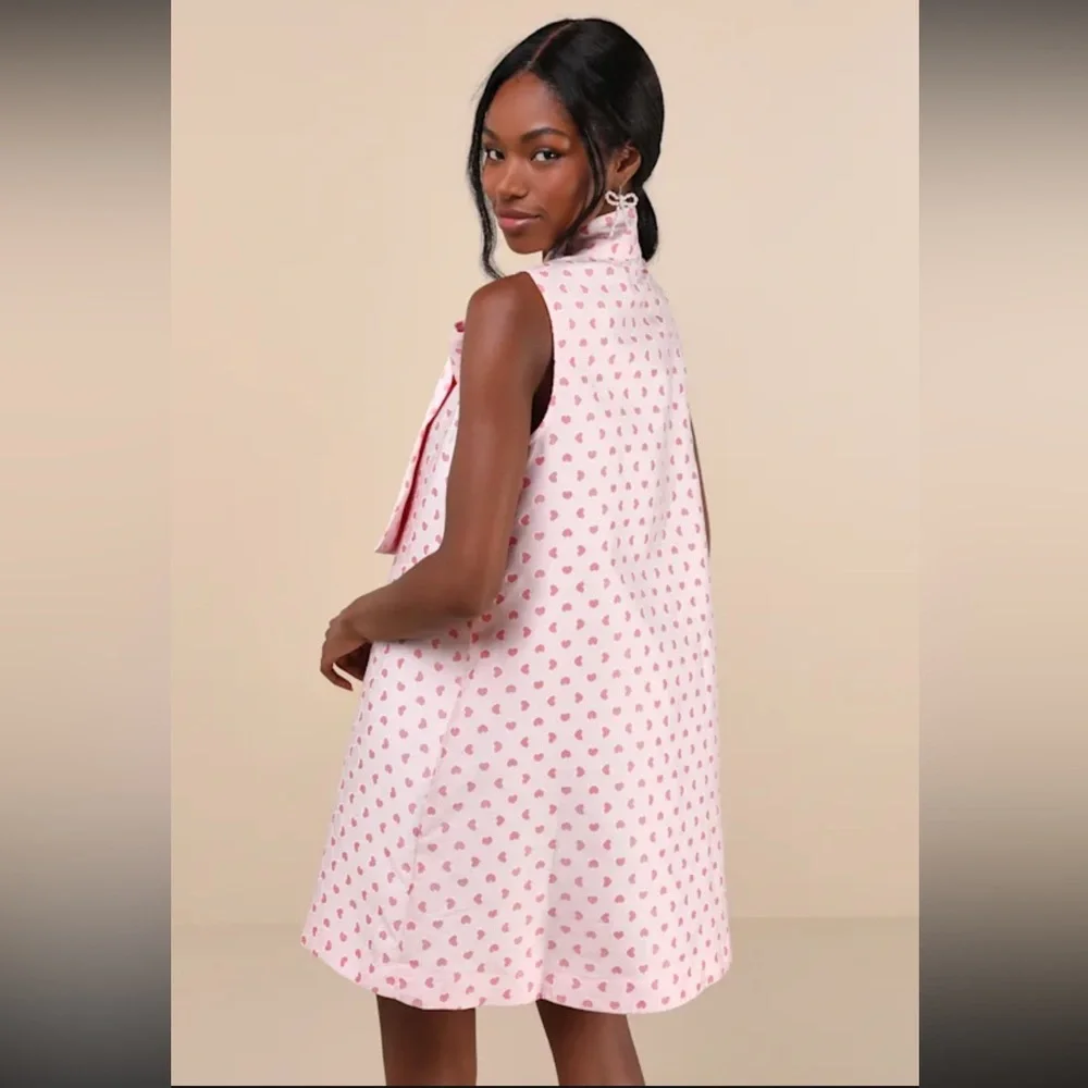 Sister Jane Canter Pink Heart Jacquard Tie Neck Button Front Bow Mini Dress - Picture 4 of 5